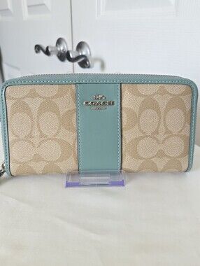 Coach Large Canvas Zip Around Wallet with Lt Khaki Aqua Center Stripe